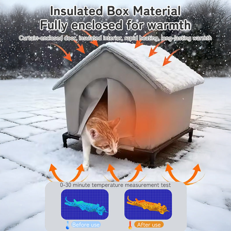 Insulated Outdoor Cat House with Raised Base - Windproof & Weatherproof Shelter with Reflective Lining.