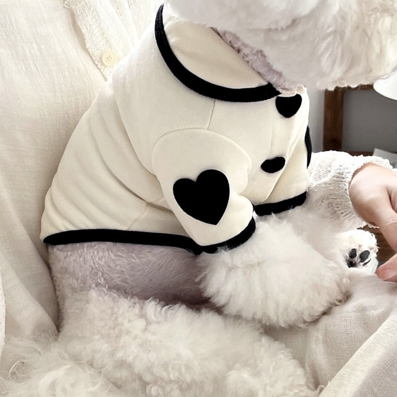 Pet pajamas, plush onesie, Bichon warm vest, heart-print winter dog clothes, two-leg snap-button puppy outfits.