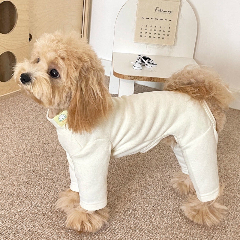 Elastic Pet Onesie, Four-Legged Pajamas for Small to Medium Dogs, Cream Color, Cozy Home Base Shirt, Warm Winter Dog Clothes