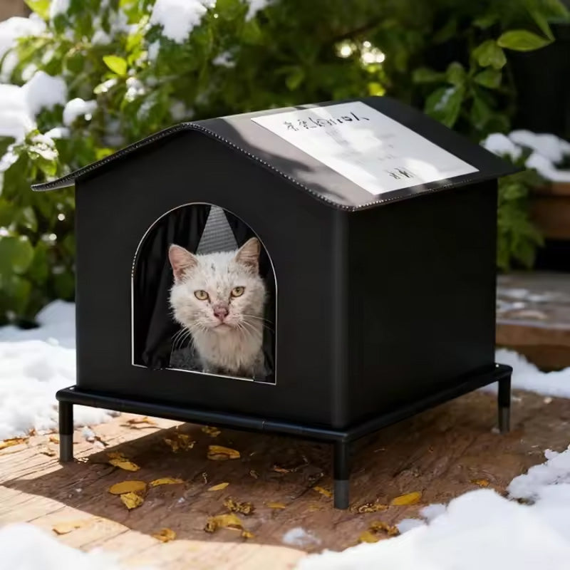Insulated Outdoor Cat House with Raised Base - Windproof & Weatherproof Shelter with Reflective Lining.
