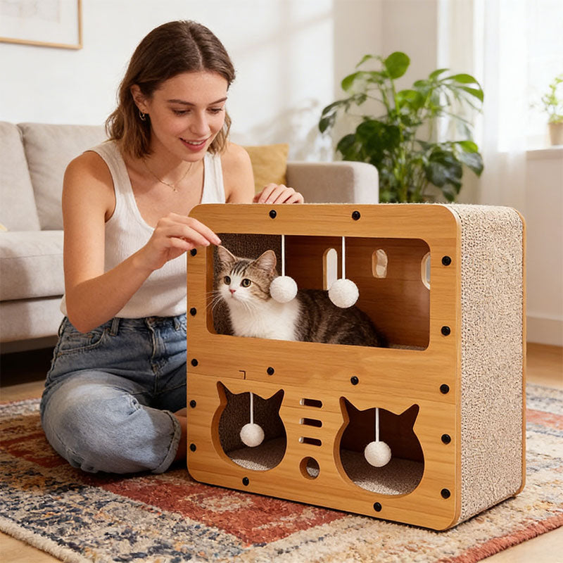 Maison pour chat 3 en 1, avec lit et griffoir - Structure multicouche en carton souple et écologique