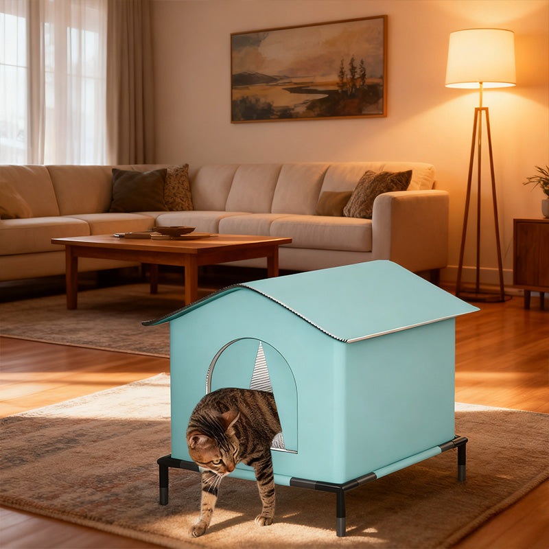 Insulated Outdoor Cat House with Raised Base - Windproof & Weatherproof Shelter with Reflective Lining.