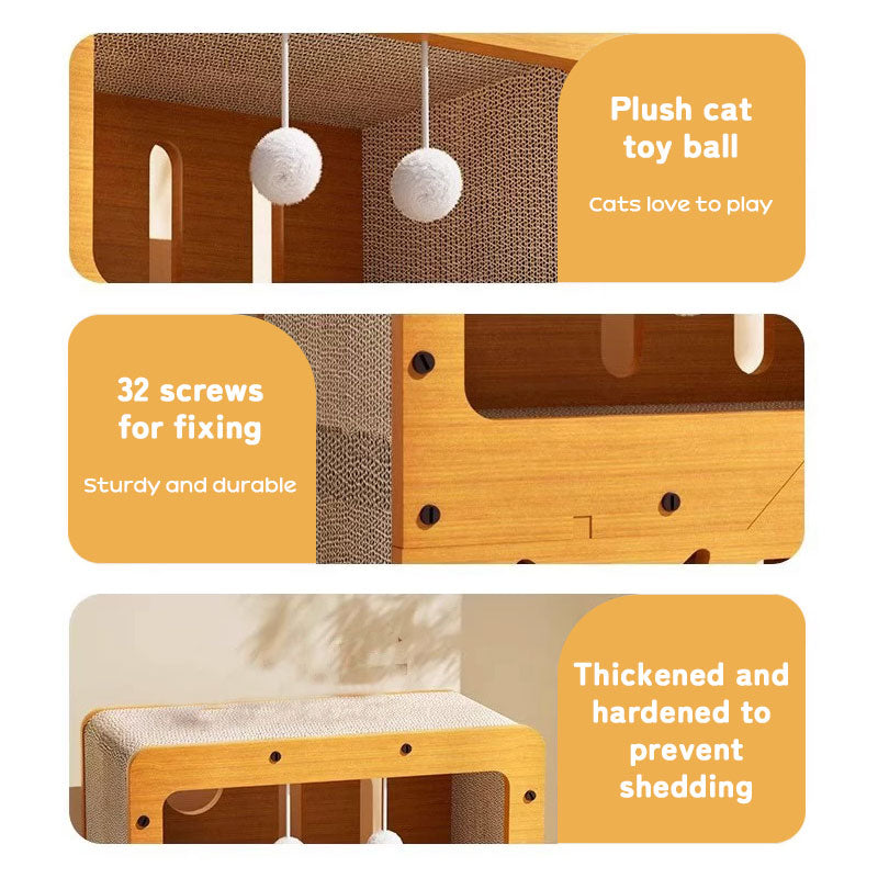 Maison pour chat 3 en 1, avec lit et griffoir - Structure multicouche en carton souple et écologique