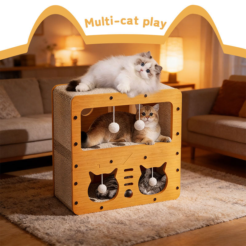 Maison pour chat 3 en 1, avec lit et griffoir - Structure multicouche en carton souple et écologique