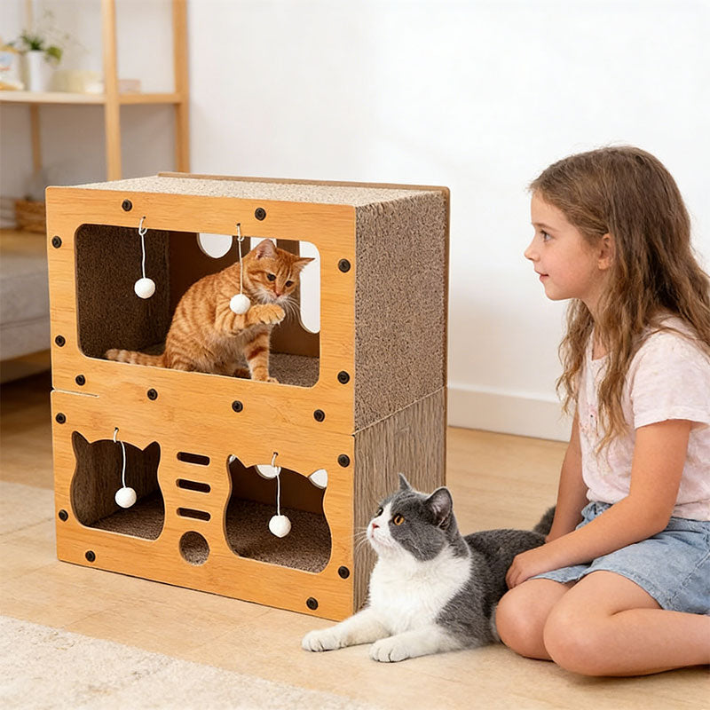 Maison pour chat 3 en 1, avec lit et griffoir - Structure multicouche en carton souple et écologique